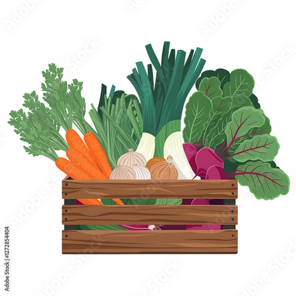 Fototapeta Hand-Drawn Wooden Crate of Fresh Vegetables – Organic Farm Market Illustration
