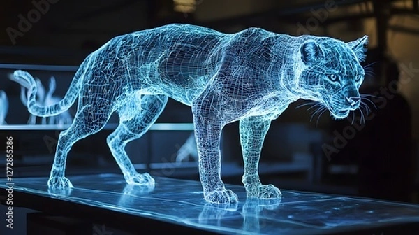 Fototapeta Holographic 3D projection of a large predatory animal displayed in a futuristic home or educational classroom setting designed for interactive biology lessons and science