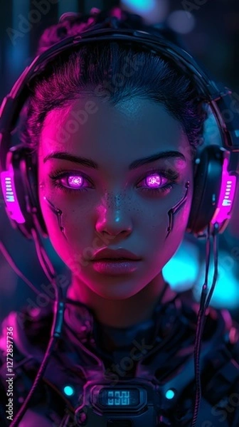 Obraz Close up portrait cyberpunk sci-fi girl with neon lights. Girl from the future concept. Fictional character