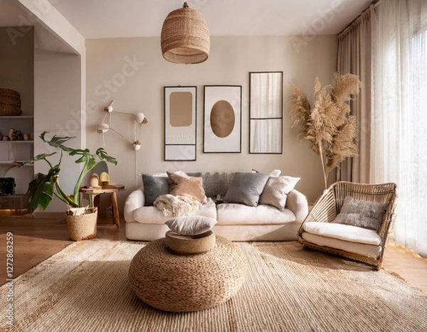 Fototapeta A cozy yet sophisticated space with playful textures, mixing warm neutrals and cool accents for a balanced look.