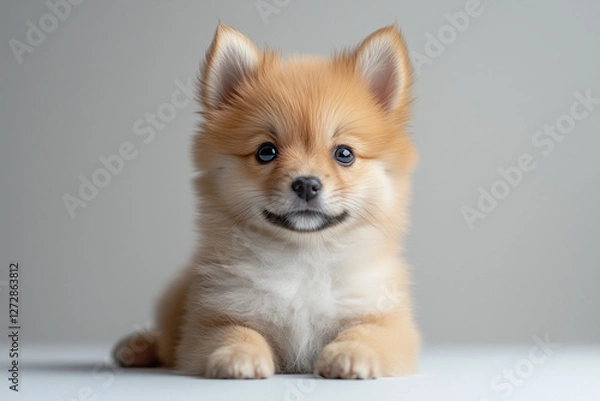 Fototapeta Adorable Portrait of Smiling Pomeranian Puppy in Professional Studio Setting, High-Quality Pet Photography Showcasing Sweet Expression and Soft Fur Detail