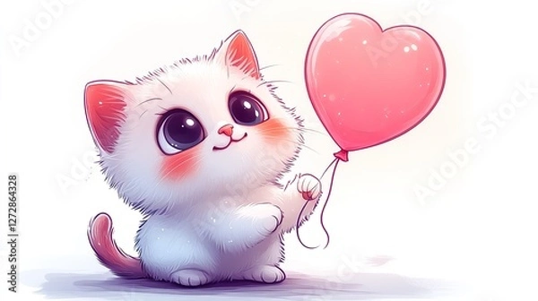 Fototapeta cute cat sticker a cute white kitten with big round eyes rosy cheeks,a smiling expression holding a pink heart balloon with its paw against a light white background