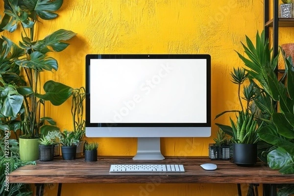 Fototapeta Modern Home Office Setup with Tropical Plants and Blank Computer Screen