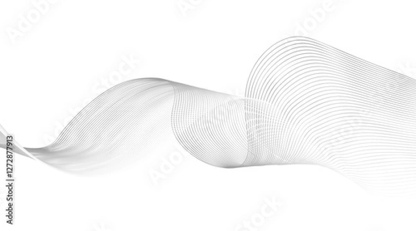 Obraz Stylized line art background. Vector illustration. Wave with lines. Abstract gray smooth flowing wave lines on a white background. Dynamic sound wave element design. 