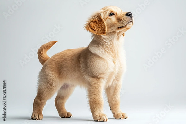 Obraz Golden-Hued Retriever Puppy Standing Majestically: A Breathtaking Portrait of Canine Elegance and Innocent Curiosity Captured in Stunning Studio Lighting