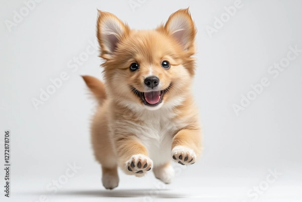 Fototapeta Adorable Fluffy Puppy Mid-Jump: A Captivating Moment of Pure Canine Joy and Unbridled Puppy Enthusiasm Frozen in Time