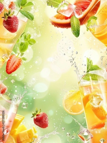 Fototapeta Refreshing summer cocktails with citrus and berries splashing in bright green background