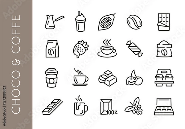 Obraz Chocolate icons. Set of 20 chocolate trendy minimal icons. Example: Cocoa bean, Chocolate bar, Coffee and cookie icon. Design signs for web page, mobile app, packaging design. Vector illustration