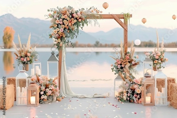 Fototapeta Rustic Country Wedding Altar Setup by a Peaceful Lake With Wooden Arch Framed by Flowers and Greenery at Sunset