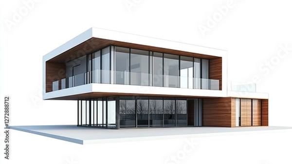 Fototapeta A beautiful modern house with large windows and a sleek design, isolated on a white background, showcasing clean lines and minimalistic architecture