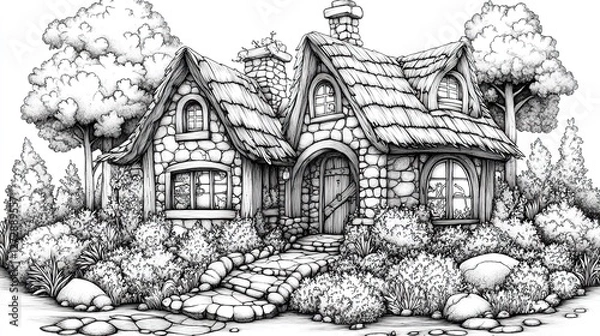 Fototapeta enchanting hand drawn fairytale cottage intricate zen tangle design for adult coloring book vector illustration