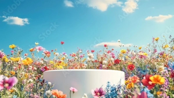 Fototapeta White pedestal in vibrant flower field, sunny sky background, product display