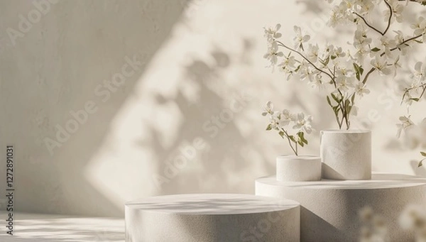 Fototapeta Spring floral display, studio backdrop, sunlight, minimalist, product staging