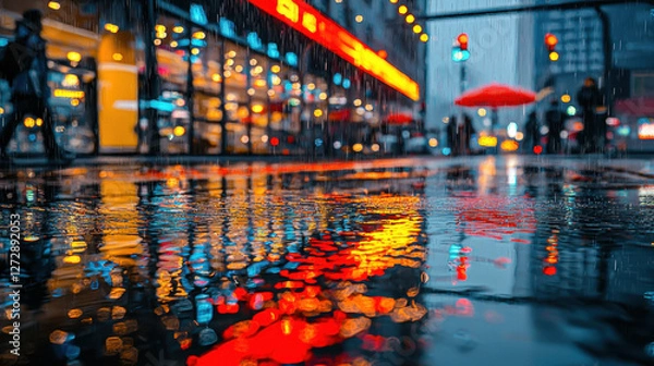 Fototapeta Futuristic cityscape showcasing vibrant neon reflections on wet streets during a rain shower with deep depth of field and cinematic lighting effects