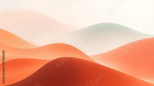 Fototapeta Minimalist desert landscape, rolling sand dunes, warm orange tones, misty pastel mountains, layered hills, abstract geometric shapes, soft gradients, tranquil atmosphere, simplified forms, muted color