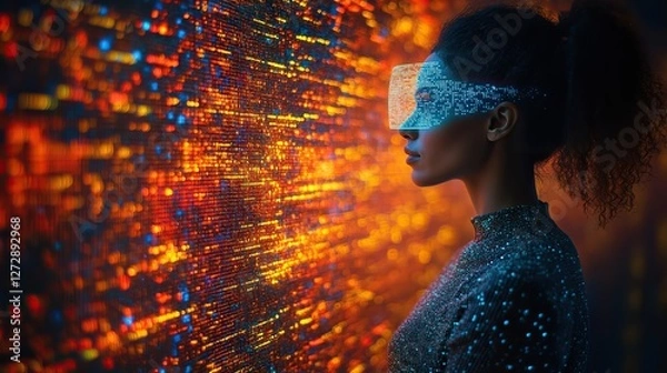 Fototapeta expert female it specialist engages with augmented reality interface on tablet at high tech server farm overseeing cloud computing operations for leading cybersecurity firm