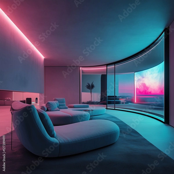 Obraz Futuristic smart living room with AI-powered automation, holographic display, voice-controlled lighting, sleek minimalist furniture, and neon ambiance