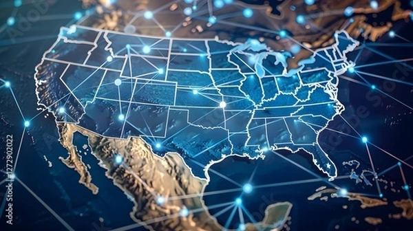 Fototapeta Futuristic world map with glowing holographic grid connections and light nodes, global network concept for technology, travel, or data visualization – HD, wallpaper, banner