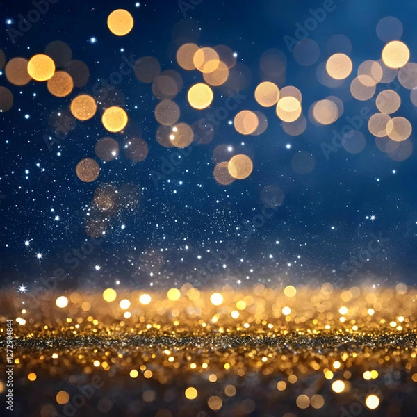 Fototapeta A stunning abstract background featuring dark blue hues with shimmering gold particles and dynamic light effects.