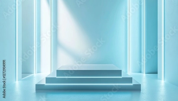 Fototapeta Minimalist blue platform, neon lights, studio, product display