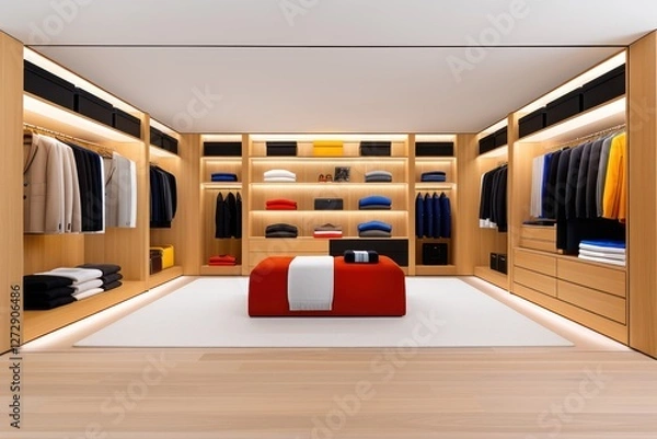 Fototapeta Spacious walk-in closet with white rug and abundance of clothes