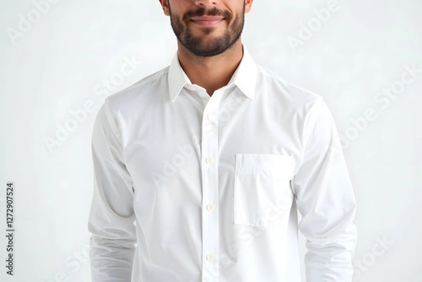 Fototapeta Close up of man in white button down shirt looks at camera