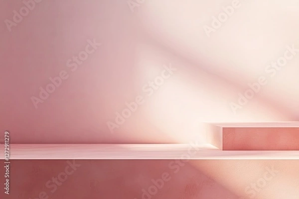 Obraz Pink product display shelf, sunlit wall, minimalist studio, mockup