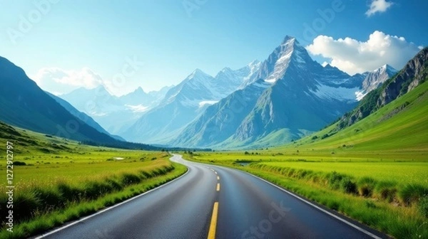 Fototapeta Asphalt ribbon unwinding through vibrant green meadows towards majestic snow-capped mountains under a brilliant summer sky