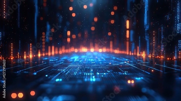 Fototapeta futuristic 3d render of stock market,fintech forex concept with blurry blue digital charts on dark blue background highlighting financial data analysis,technology