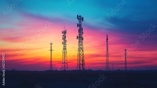 Fototapeta An artistic composition of multiple cell phone towers lined up against the horizon, with a colorful sunset, representing the expansion of communication networks.