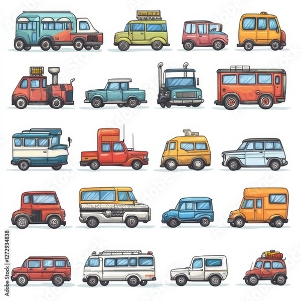 Fototapeta Colorful cartoon vehicles collection illustrative art digital design playful atmosphere eye-level perspective