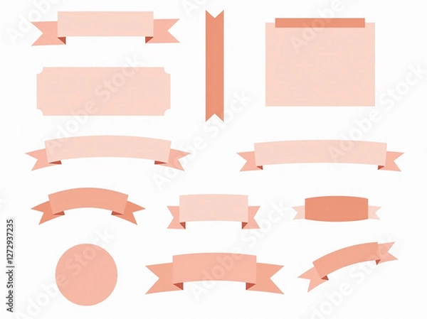 Fototapeta A collection of minimalist design elements featuring various banners, ribbons, and shapes in soft pastel peach tones, perfect for digital projects and graphic design.