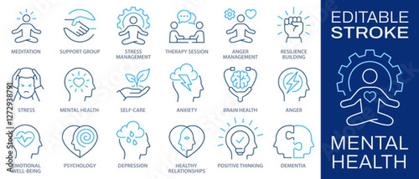 Obraz Mental health icon set. Collection of meditation, anger, anxiety, psychosis, depression and more. Vector illustration. Editable stroke.