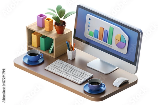 Fototapeta Modern Workplace Desk Setup with Computer, Charts, and Plant