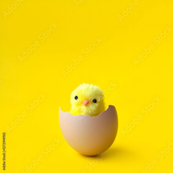 Fototapeta A small yellow chick in its shell, set against a yellow background. Postcard with space for a caption, Easter concept