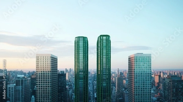 Fototapeta A breathtaking skyline view featuring two green-tinted skyscrapers against a soft blue sky, surrounded by an urban landscape at sunset.