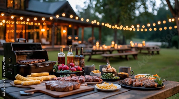 Fototapeta A rustic wooden table set up for an outdoor barbecue, with various grill-themed decorations and the food on it, in front of a large backyard setting at night. The scene includes mu
