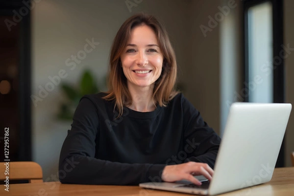 Fototapeta Middle aged woman with laptop at wooden table smiles camera