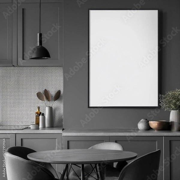 Fototapeta Grey kitchen interior with dining table and chairs. Mockup frame