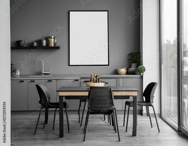 Obraz Grey kitchen interior with dining table and chairs. Mockup frame