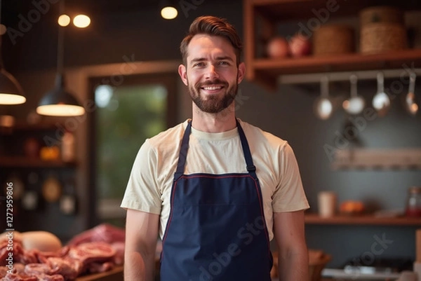 Obraz smiling butcher in shop with apron and meat products