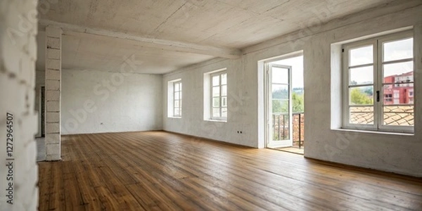 Fototapeta Empty Room with White Concrete Walls and Wooden Floor - Minimalistic Interior Design - Space for Creativity and Imagination - Modern Aesthetic - Tilt-Shift Photography