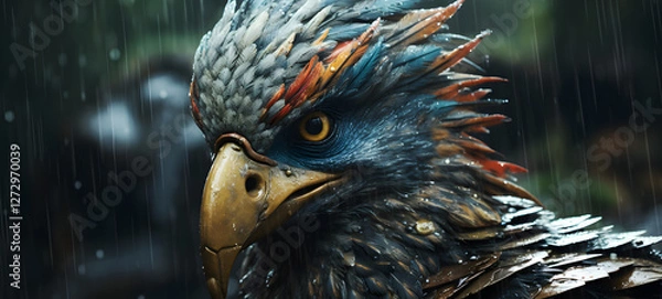 Obraz A detailed and realistic depiction of a garuda character standing in the pouring rain , ai generative