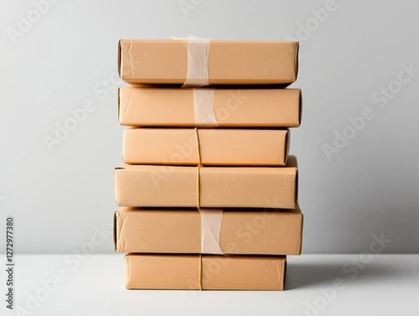 Fototapeta Neatly Stacked Brown Delivery Boxes with Tape, Representing Storage and Transportation