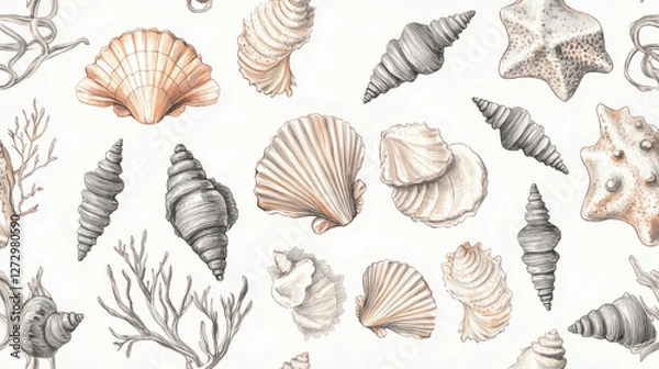Fototapeta Seashell and Coral Patterns with Retro Coastal Style