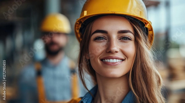 Obraz Construction workers smiling together at a job site during daylight with safety gear on in a busy urban environment