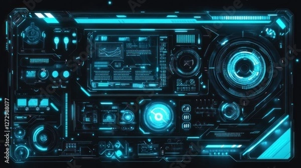 Fototapeta Futuristic control panel interface displaying data and holographic elements in a dark environment