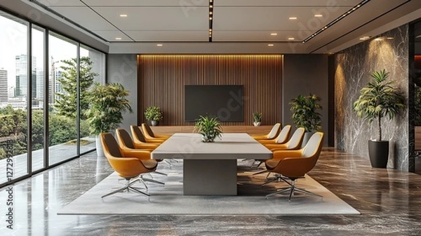 Fototapeta modern conference room interior featuring a large meeting table comfortable chairs gray slat accent wall and built in wooden storage cabinet 3d rendered visualization