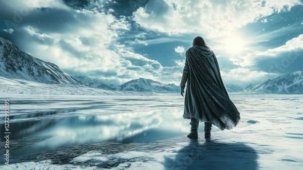 Fototapeta A lone figure in a flowing cloak stands by a frozen lake, gazing at the dramatic snowy landscape under a bright sky