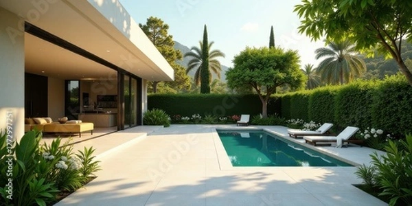 Fototapeta Modern Minimalist Home with Inviting Pool and Lush Landscaping Featuring a Tranquil Patio Area